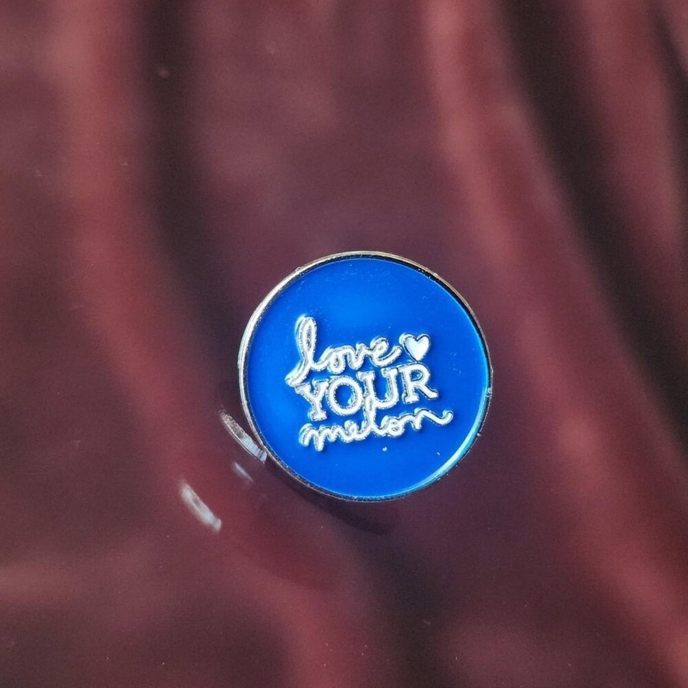 Blue and white "Love Your Melon" Round Enamel Pin